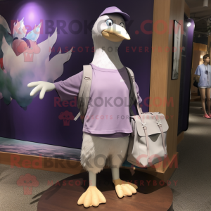 Lavender Albatross mascot costume character dressed with a Running Shorts and Tote bags