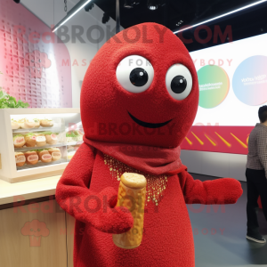 Red Falafel mascot costume character dressed with a Sweater and Earrings