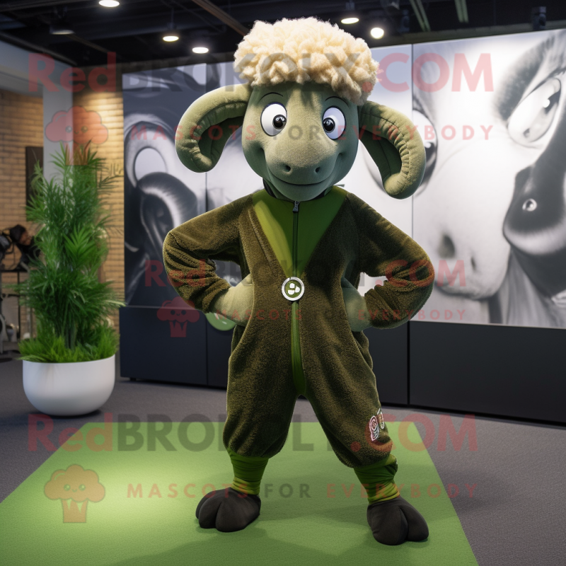 Olive Ram mascot costume character dressed with a Yoga Pants and Tie pins Olive Ram mascot costume character dressed with a Yoga Pants and Tie pins