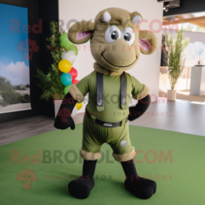 Olive Ram mascot costume character dressed with a Yoga Pants and Tie pins