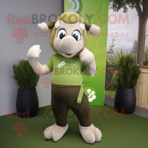 Olive Ram mascot costume character dressed with a Yoga Pants and Tie pins
