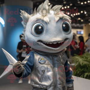 Silver Tuna mascot costume character dressed with a Moto Jacket and Hair clips