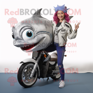 Silver Tuna mascot costume character dressed with a Moto Jacket and Hair clips