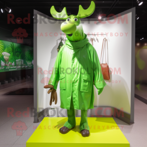 Lime Green Elk mascot costume character dressed with a Raincoat and Shoe clips