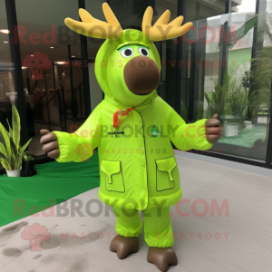 Lime Green Elk mascot costume character dressed with a Raincoat and Shoe clips