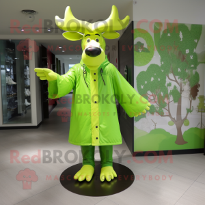 Lime Green Elk mascot costume character dressed with a Raincoat and Shoe clips