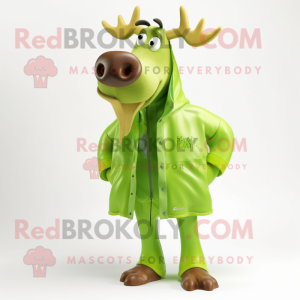 Lime Green Elk mascot costume character dressed with a Raincoat and Shoe clips