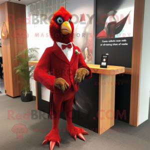 Red Pheasant mascot costume character dressed with a Dress Pants and Lapel pins