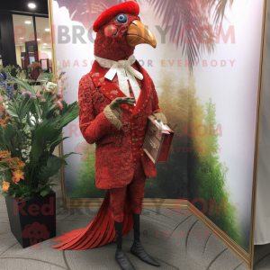 Red Pheasant mascot costume character dressed with a Dress Pants and Lapel pins