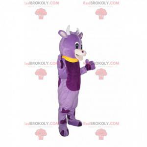 Mascotte mucca viola con colletto Peter Pan giallo -