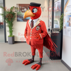 Red Pheasant mascot costume character dressed with a Dress Pants and Lapel pins