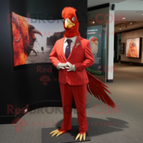 Red Pheasant mascot costume character dressed with a Dress Pants and Lapel pins