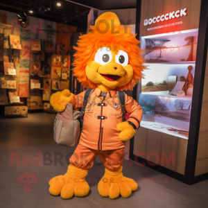 Orange Chicken mascot costume character dressed with a Overalls and Backpacks