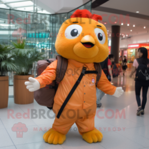 Orange Chicken mascot costume character dressed with a Overalls and Backpacks