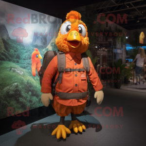 Orange Chicken mascot costume character dressed with a Overalls and Backpacks