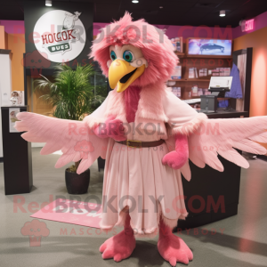 Pink Harpy mascot costume character dressed with a Mom Jeans and Shawl pins
