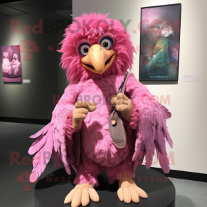 Pink Harpy mascot costume character dressed with a Mom Jeans and Shawl pins