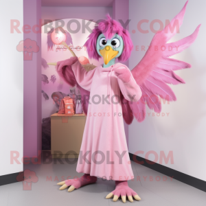 Pink Harpy mascot costume character dressed with a Mom Jeans and Shawl pins