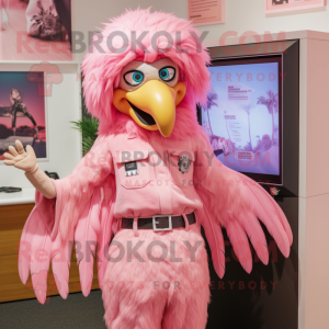 Pink Harpy mascot costume character dressed with a Mom Jeans and Shawl pins