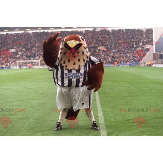 Hnědý a béžový ptačí maskot ve sportovním oblečení -