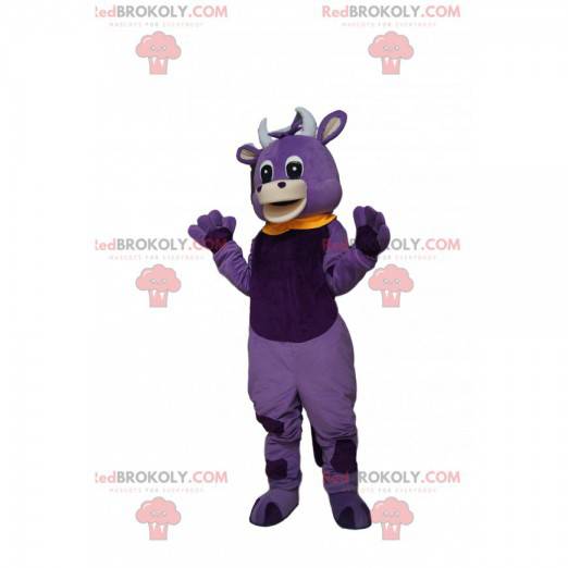 Mascotte mucca viola con colletto Peter Pan giallo -