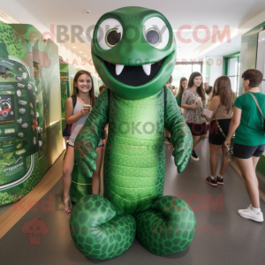 Forest Green Titanoboa mascot costume character dressed with a One-Piece Swimsuit and Backpacks