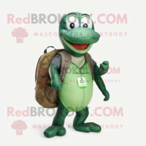 Forest Green Titanoboa mascot costume character dressed with a One-Piece Swimsuit and Backpacks