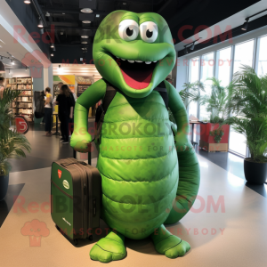 Forest Green Titanoboa mascot costume character dressed with a One-Piece Swimsuit and Backpacks