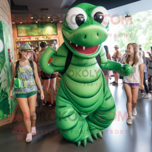 Forest Green Titanoboa mascot costume character dressed with a One-Piece Swimsuit and Backpacks