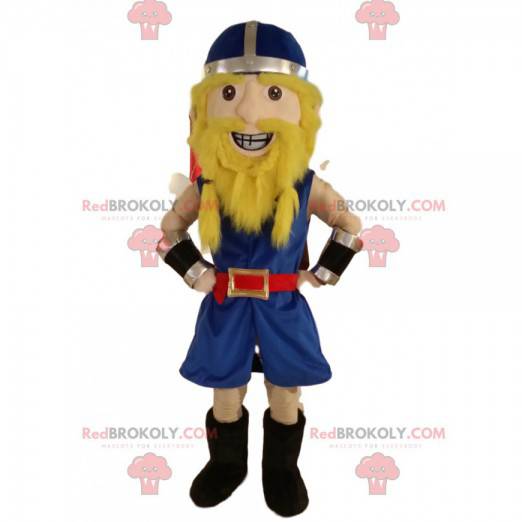 Mascotte de guerrier Viking heureux, avec un casque bleu -