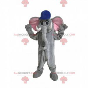 Mascotte d'éléphant gris avec une casquette bleue -