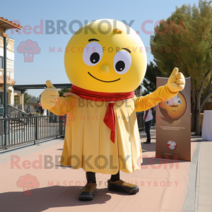 Yellow Human Cannon Ball mascot costume character dressed with a Button-Up Shirt and Scarves