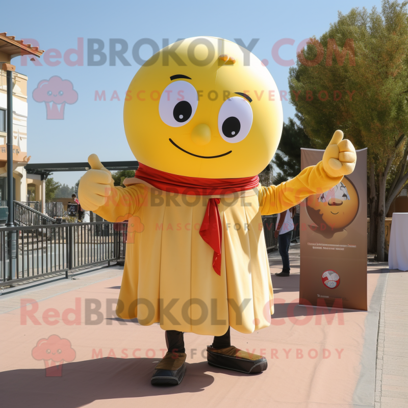 Yellow Human Cannon Ball mascot costume character dressed with a Button-Up Shirt and Scarves Yellow Human Cannon Ball mascot costume character dressed with a Button-Up Shirt and Scarves