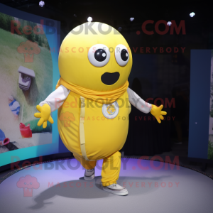 Yellow Human Cannon Ball mascot costume character dressed with a Button-Up Shirt and Scarves