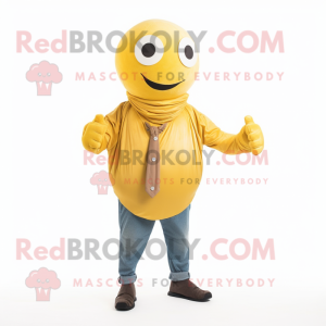 Yellow Human Cannon Ball mascot costume character dressed with a Button-Up Shirt and Scarves