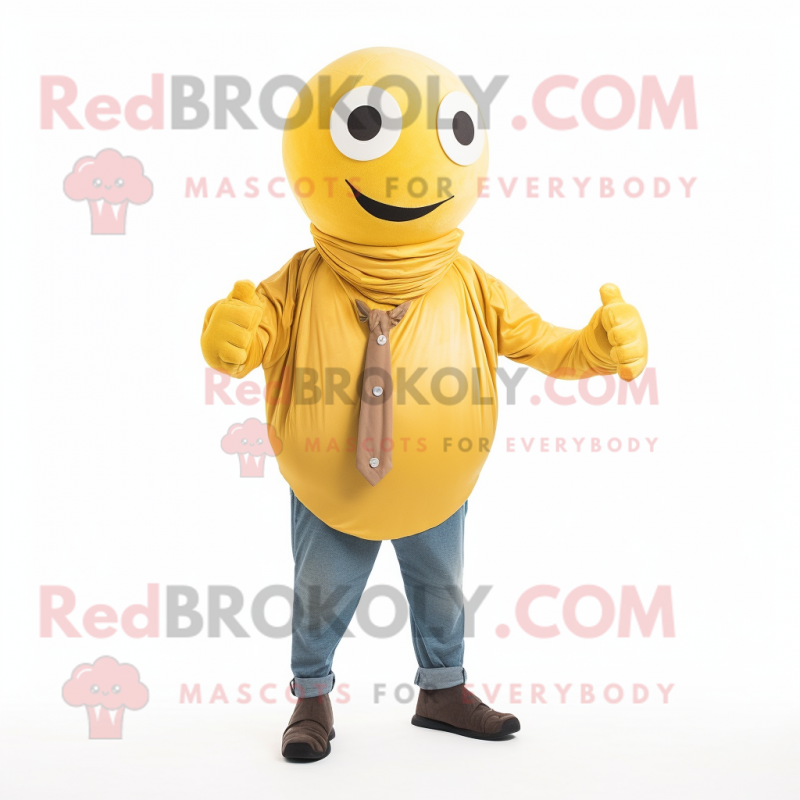 Yellow Human Cannon Ball mascot costume character dressed with a Button-Up Shirt and Scarves Yellow Human Cannon Ball mascot costume character dressed with a Button-Up Shirt and Scarves