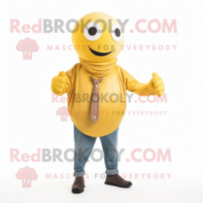 Yellow Human Cannon Ball mascot costume character dressed with a Button-Up Shirt and Scarves