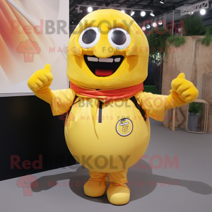 Yellow Human Cannon Ball mascot costume character dressed with a Button-Up Shirt and Scarves
