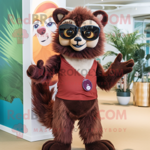 Maroon Lemur mascot costume character dressed with a Bikini and Tie pins