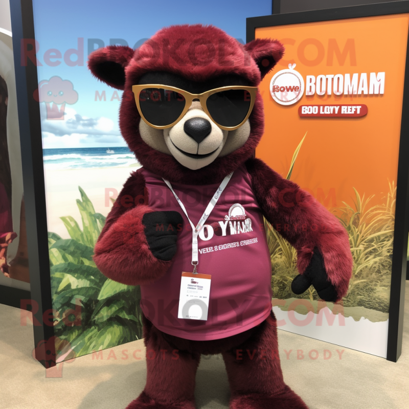 Maroon Lemur mascot costume character dressed with a Bikini and Tie pins Maroon Lemur mascot costume character dressed with a Bikini and Tie pins