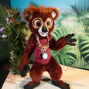 Maroon Lemur mascot costume character dressed with a Bikini and Tie pins