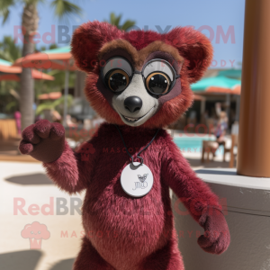 Maroon Lemur mascot costume character dressed with a Bikini and Tie pins