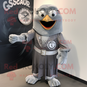 Silver Attorney mascot costume character dressed with a A-Line Dress and Bracelet watches