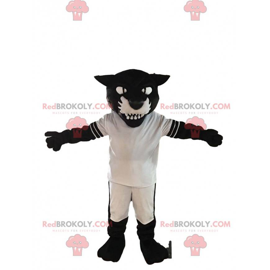 Mascote da pantera negra agressiva com roupas esportivas -