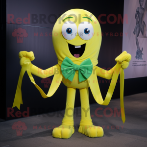 Lemon Yellow Medusa mascot costume character dressed with a Skinny Jeans and Bow ties