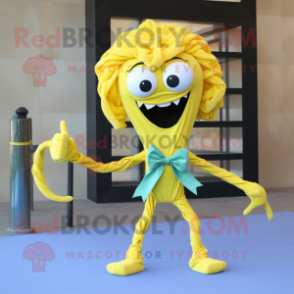 Lemon Yellow Medusa mascot costume character dressed with a Skinny Jeans and Bow ties