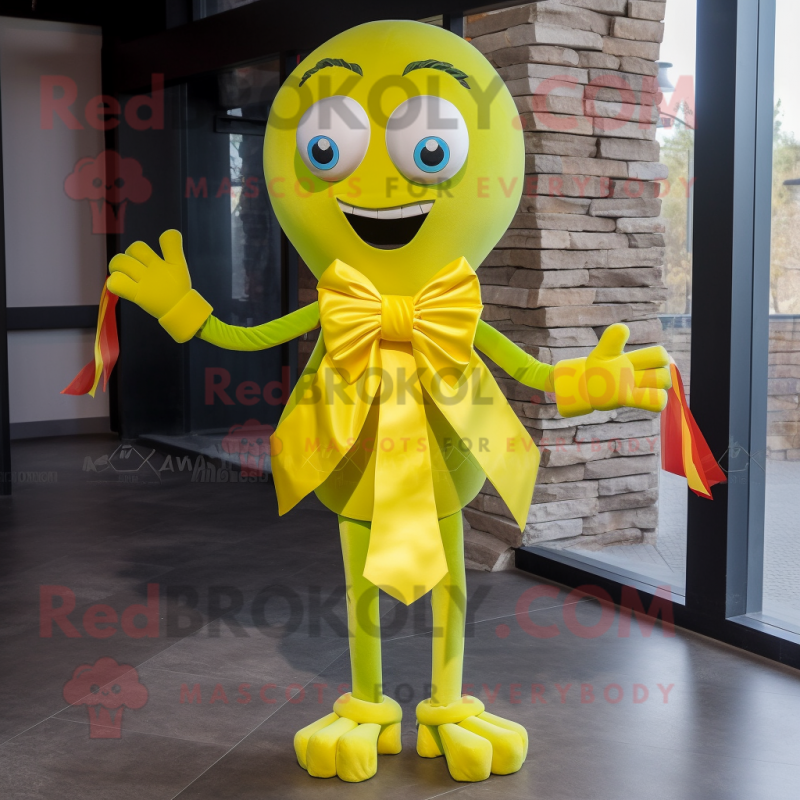 Lemon Yellow Medusa mascot costume character dressed with a Skinny Jeans and Bow ties