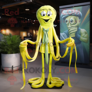 Lemon Yellow Medusa mascot costume character dressed with a Skinny Jeans and Bow ties