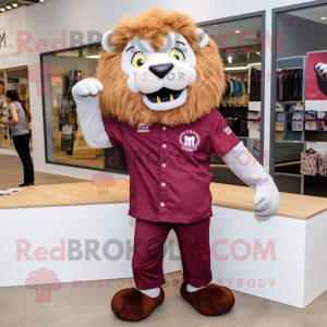 Maroon Lion mascot costume character dressed with a Oxford Shirt and Shoe clips