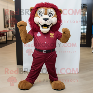 Maroon Lion mascot costume character dressed with a Oxford Shirt and Shoe clips